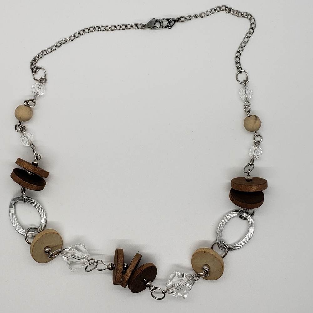 Vintage Wood and Crystal Bead Station Necklace
